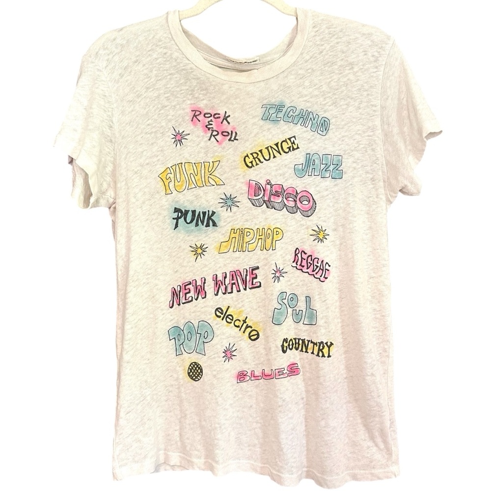 MOTHER "Music Genres" Linen Blend Short Sleeve Graphic T-Shirt Size XS